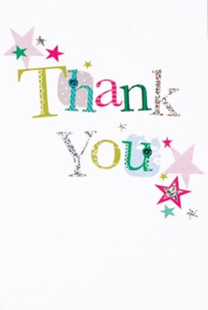 This thank you card is a portrait of understated exuberance, every letter thoughtfully arranged to convey both style and heartfelt emotion-qualities that mirror Harold Wood's welcoming community. The typography feels musical: some characters bounce with playful polka dots or stitched framework, others sweep with elegance, much like the diverse architecture seen on local streets. Stars in sparkling pink, turquoise, and silver cluster nearby, blessing the heartfelt words as if with celebratory magic, reminiscent of joyous gatherings in Harold Wood Hall. Everything unfolds against a crisp, immaculate white surface, offering space for each detail to shine. The result is perfect balance: never too grand, yet always personal. Picture this card resting beside a lush bouquet-perhaps arranged by your favourite Harold Wood florist-as a deeply meaningful gesture for any occasion. It's an uplifting expression of gratitude, as bright and lasting as the flowers arriving at your door, and as memory-making as a friend's heartfelt thanks after a day in the park.