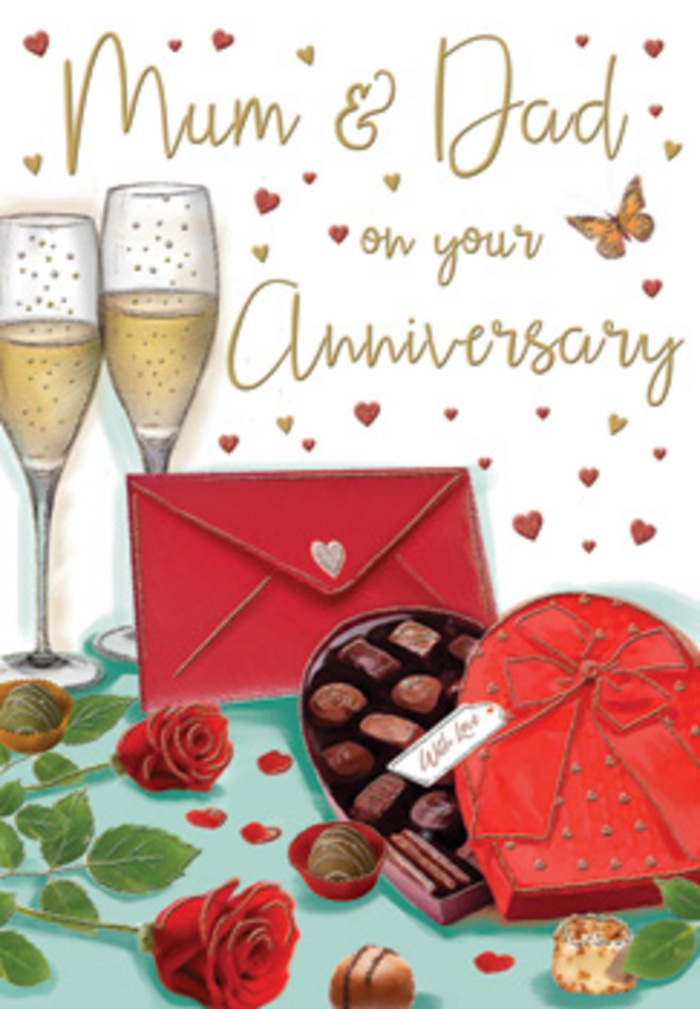 This beautifully illustrated anniversary card feels like a private celebration set on a table in Harold Wood, richly detailed to evoke romance, gratitude, and the warmth of shared years. At the centre, two graceful champagne flutes stand in close companionship, filled with shimmering golden champagne. The bubbles are drawn with delicate precision, rising slowly through the glass as though you've caught the precise second before a heartfelt toast, their glow echoed by gentle highlights along the stems. Just in front, a heart-shaped chocolate box lies open, its contours softly curved, revealing a selection of bite-sized chocolates, each nestled in its own little compartment. Some chocolates shine with a smooth gloss, others are textured, hinting at different fillings-truffles, caramels, perhaps nutty centres-all ready to be enjoyed together. The box lid, propped beside it, is a vivid red, crowned with a generous bow whose loops and tails fall gracefully, mirroring the luxurious feel of hand-tied ribbon. To one side, two sumptuous red roses rest on the surface, their velvety petals rich and layered, complemented by lush green leaves that speak of florist-fresh quality, like stems carefully chosen in a Harold Wood flower shop near the local high street. Scattered around them are a few loose chocolates and a flurry of tiny hearts in shades of crimson and metallic gold, surrounding soft, affectionate text-often a loving message to Mum & Dad. A scarlet envelope, sealed and slightly angled, suggests a handwritten letter, perhaps recalling shared moments. The whole composition is washed in a warm, intimate light, reminiscent of evening glow in a Harold Wood living room. As an experienced florist, I can almost sense the perfume of the roses blending with chocolate sweetness and champagne fizz, creating a scene that honours both the everyday and the extraordinary in long-lasting love.