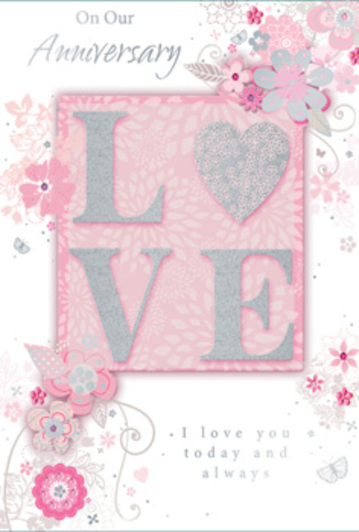 Opening this anniversary card feels like stepping into a sun-washed room in Harold Wood where love is cherished in everyday gestures-a shared cup of tea, a walk along Gubbins Lane, a smile across the table. The design is anchored by the word LOVE, displayed prominently in the centre in frosted, glitter-accented letters. The glitter is fine and evenly spread, lending a velvety shimmer that catches the light without feeling flashy. Each letter is gently raised from the surface of the card, so the word is not just seen but also distinctly felt under the fingertips. Around this central motif, wispy, hand-drawn flowers and slender sprays radiate from the edges, drifting along the borders in an airy, unforced pattern. Shades of blush pink, soft lilac, creamy ivory, and muted grey intermingle in the petals, harmonising like the varied blooms of a pastel bouquet on a Harold Wood mantelpiece. Delicate flourishes-fine filigree lines, dainty leaves, and subtle, almost hidden butterflies-flutter through the composition. These details hint at light movement, as though a gentle breeze had passed through an open window, stirring a vase of anniversary flowers. The background is a soft, powder-pink wash that allows the paler florals and silver touches to stand out clearly without harsh contrast. Nestled among the illustrations, the phrase I love you today and always appears in graceful, understated type, simple yet profoundly reassuring. The card's overall impression is that of a carefully arranged, hand-tied bouquet translated into paper form, created with the same quiet attention to balance, colour, and emotion that a local Harold Wood florist would bring to an intimate anniversary gift.