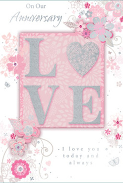 There is a refined tranquillity to this anniversary card, as though it were designed for a couple unwinding together after a stroll through Harold Wood's quiet crescents. At the centre sits a beautifully textured arrangement of letters spelling out "LOVE." Each letter is embossed and edged with fine-grain glitter, creating a raised, tactile effect that the fingertips can explore. The surface catches the light with a subtle pearly sheen, reminiscent of soft reflections on the lake at Harold Wood Park. The background transitions smoothly through shades of pearly white, misty grey, and powdery blush pink, producing a gentle, glowing aura around the central word. Surrounding this focal point is a delicate spray of illustrated flowers and swirling vines that drift loosely across the card front. The blossoms are drawn with precise, almost calligraphic lines, their petals tinted in pale pinks and muted greys with glints of silver foil highlighting selected edges. The fine detail of each bloom echoes the thoughtful care a florist puts into arranging each rose and stem in a hand-tied bouquet for local delivery. Slim, curving stems and tiny leaves weave through the design, adding rhythmic movement and lightness, like tendrils of foliage cascading from a vase on a Harold Wood windowsill. The printed message, written in an understated grey script, sends heartfelt anniversary wishes while remaining visually gentle, never overshadowing the artwork. Together, the glittering letters, pastel florals, and softly glowing background create the feeling of a scented memory captured on paper-tender, enduring, and beautifully composed, ideal for celebrating another year of shared life in Harold Wood.