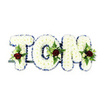 A tender funeral tribute spelling out the name TOM in large, three-dimensional letters, each surface a soft sea of pristine white chrysanthemums tightly packed to form pillowy, voluminous shapes. The chrysanthemum heads catch a cool, even studio light that emphasizes their fine, feathery texture and the subtle shadowing between blooms; their collective white reads as calm and consoling, like a quiet shawl draped over memory. Each letter's perimeter is crisply defined by a royal blue ribbon that traces every curve and angle, the saturated blue creating a dignified frame and a visual breath between the white petals and the plain backdrop. Centered low in each letter sits a carefully composed spray: a single deep red rose anchors the cluster, its velvety petals and hushed fragrance offering a note of enduring love, while smaller creamy white spray roses and delicate buds surround it, softening the contrast and adding tender highlights. Slender fern fronds and glossy green foliage weave through these accents, their serrated edges and fresh green tones giving the composition depth and botanical movement. A discreet dark green/black metal support runs beneath and behind the letters to hold the display upright; it is visible only as a practical backbone, allowing the flowers to appear afloat against the clean white background. Crafted with quiet respect, this arrangement reads both as an explicit name tribute and as a comforting symbol - appropriate for a Harold Wood memorial service, local wake, or remembrance ceremony where friends and family gather to honour a life with gentle, familiar floristry.