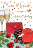 This anniversary card artwork paints a vivid picture of a cosy Harold Wood celebration, as if a couple or loving parents are about to sit down and toast to another year together. Two elegant champagne flutes form the heart of the scene, positioned close enough to suggest affectionate closeness. They are filled with sparkling golden champagne, fine bubbles rising gently through the clear glass, catching warm reflections like the glow of evening lamps in a Harold Wood home. In front, an open heart-shaped box of chocolates invites a moment of shared indulgence. Inside, an array of chocolates nestle neatly, their dark and milk tones creating a rich contrast against the lighter interior, each one sculpted in tiny, tempting shapes. The lid, finished in deep red and tied with a plush, luxurious bow, leans to one side, the ribbon loops and tails drawn with a softness that evokes the feel of satin between your fingers. Nearby, two perfect red roses lie on the tabletop, their velvety, crimson petals curling outward in plush layers, surrounded by glossy green leaves that bring a fresh, florist-quality touch-just like a bouquet delivered locally by a Harold Wood florist after a walk past Harold Wood Station. Around the arrangement, scattered chocolates and small hearts in crimson and gold drift across the background, framing gentle, celebratory text that often addresses Mum & Dad, giving the design a family-centred warmth. A bright scarlet envelope sits at the edge of the composition, neatly sealed and quietly hinting at the presence of heartfelt, handwritten words. Bathed in a soft, romantic light, the entire scene feels intimate and tender, evoking the scent of roses, the sweetness of chocolate, and the soft fizz of champagne shared in honour of enduring love.